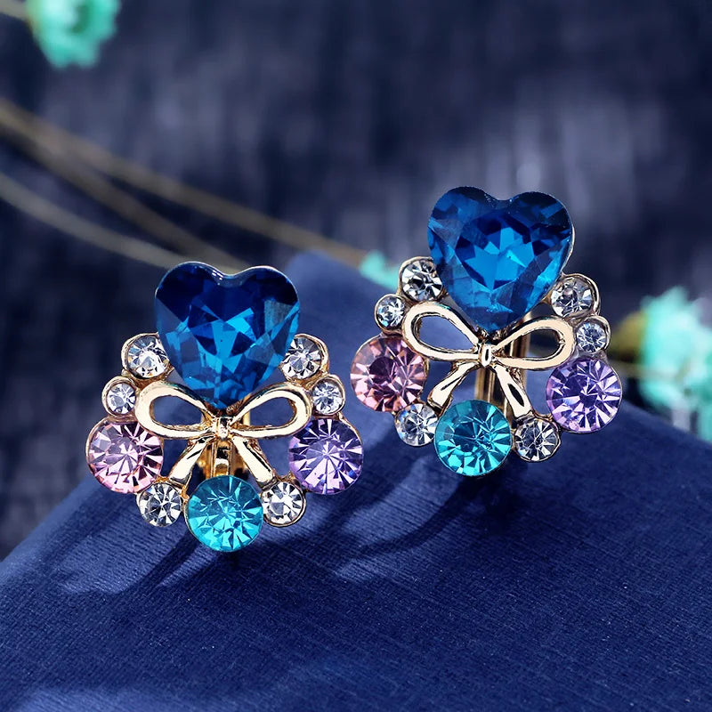 Heart Bowknot Clip on Earrings Rhinestone Crystal Without Piercing