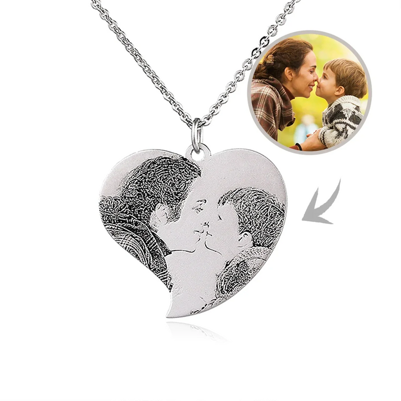 Personalized Heart Engraved Necklace with Picture - Stainless Steel