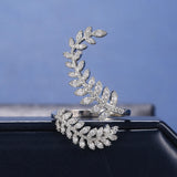 Zircon Leaves Open Ring Wedding Girl Cocktail Party S925 Silver