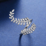 Zircon Leaves Open Ring Wedding Girl Cocktail Party S925 Silver