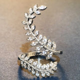 Zircon Leaves Open Ring Wedding Girl Cocktail Party S925 Silver