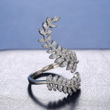 Zircon Leaves Open Ring Wedding Girl Cocktail Party S925 Silver