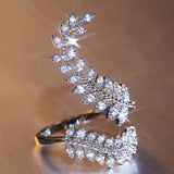 Zircon Leaves Open Ring Wedding Girl Cocktail Party S925 Silver