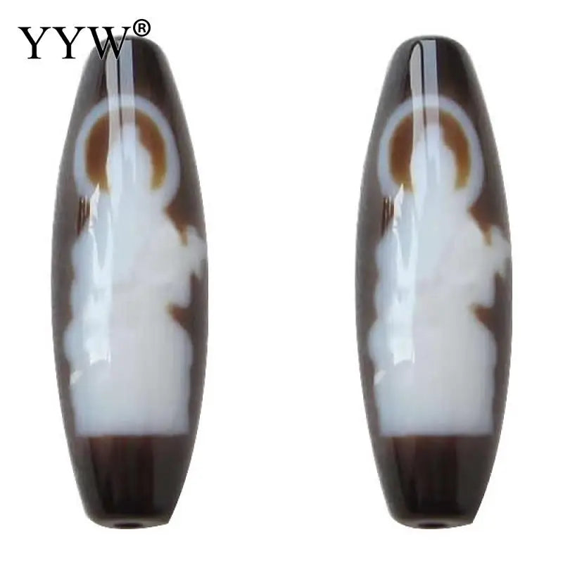 Tibetan Agates Dzi Beads Mahakala 12x38mm Oval Two Tone Hole 2mm