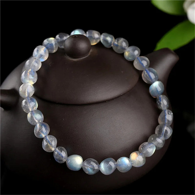 Natural Grey Moonstone Beaded Bracelet 7x7mm Stretch Bracelet