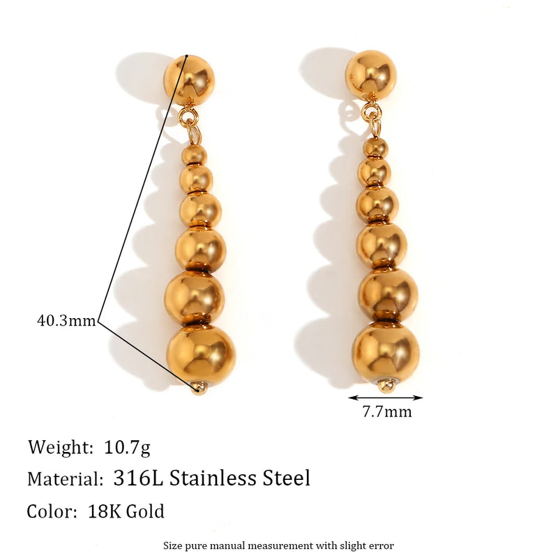 Large Bead Drop Earrings Stainless Steel 18K Plated