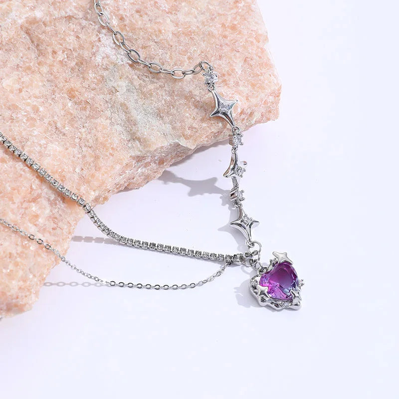 Gradient Purple Zircon Star Heart Necklace Y2K Crystal