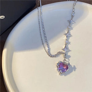 Gradient Purple Zircon Star Heart Necklace Y2K Crystal
