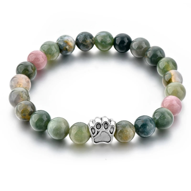 Green Natural Stone Beaded Bracelet with Dog Paw Charm