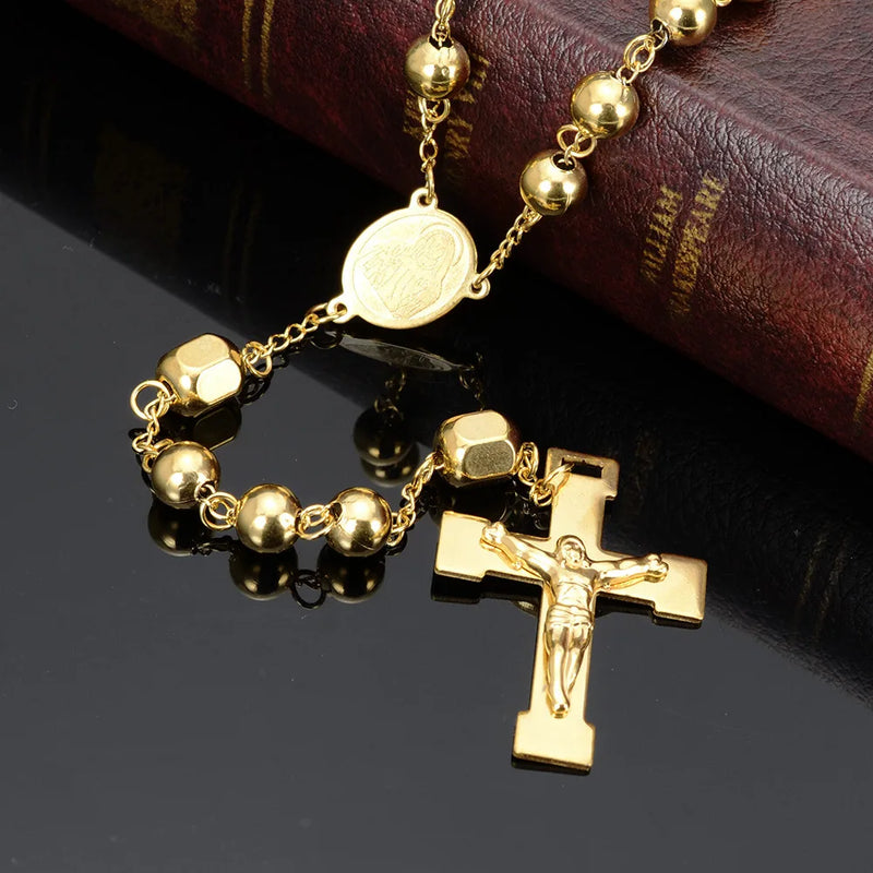 Granny 8mm Tone Rosary Beads Chain Necklace Crucifix Pendant Cross Jewelry