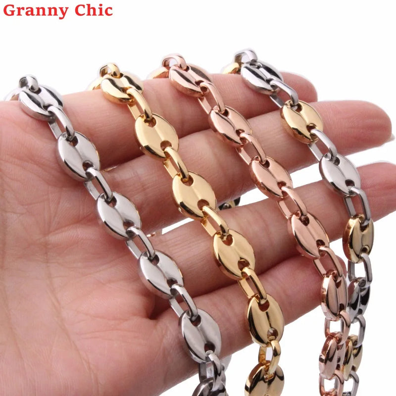 Hip-Hop Stainless Steel Chain Necklace 8-32 Inch, Coffee Beans Design