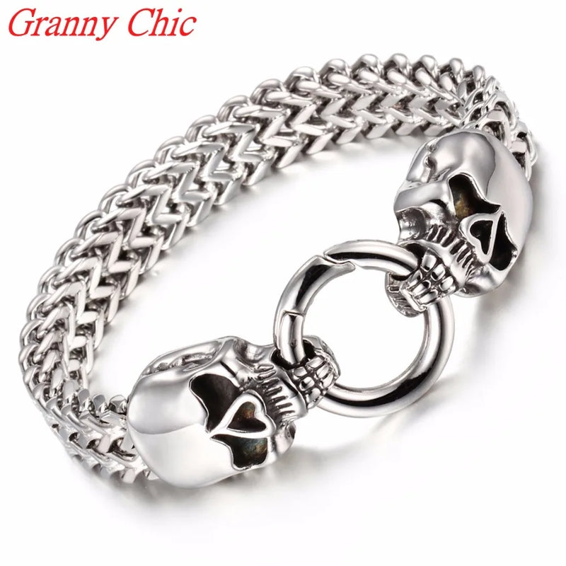Silver Stainless Steel Skull Clasp Bracelet Men's Chain