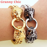 Granny Silver 12mm Lion Heads Link Chain Bracelet For Men