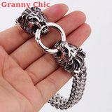 Granny Silver 12mm Lion Heads Link Chain Bracelet For Men