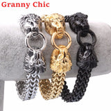 Granny Silver 12mm Lion Heads Link Chain Bracelet For Men