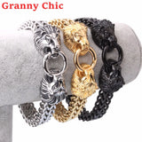 Granny Silver 12mm Lion Heads Link Chain Bracelet For Men