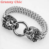 Granny Silver 12mm Lion Heads Link Chain Bracelet For Men
