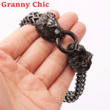 Granny Silver 12mm Lion Heads Link Chain Bracelet For Men