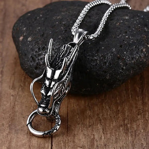 Vintage Style Stainless Steel Chinese Totem Dragon Head Pendant Necklace