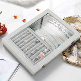 Gray Velvet Jewelry Tray Organizer with Glass Lid - 8 Slots & 8 Hooks