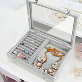 Gray Velvet Jewelry Tray Organizer with Glass Lid - 8 Slots & 8 Hooks