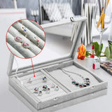 Gray Velvet Jewelry Tray Organizer with Glass Lid - 8 Slots & 8 Hooks