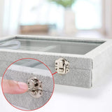 Gray Velvet Jewelry Tray Organizer with Glass Lid - 8 Slots & 8 Hooks
