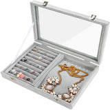 Gray Velvet Jewelry Tray Organizer with Glass Lid - 8 Slots & 8 Hooks