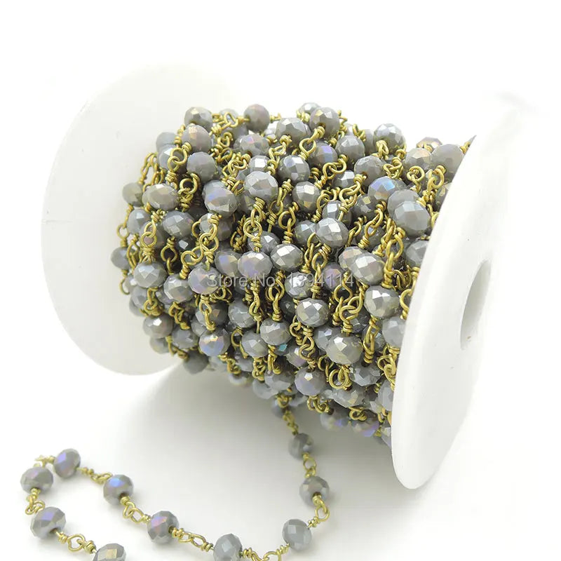 Gray Glass Faceted Oblaten Beads Wire Chain for Necklaces or Bracelets