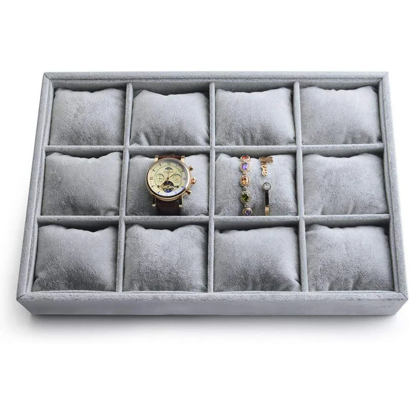 Gray Velvet 12 Grid Watch Organizer Jewelry Tray Bracelet Bangle Display Holder