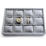 Gray Velvet 12 Grid Watch Organizer Jewelry Tray Bracelet Bangle Display Holder