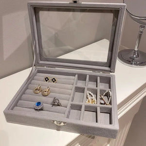 Gray Velvet Jewelry Box Organizer Necklace Ring Earring Display Case