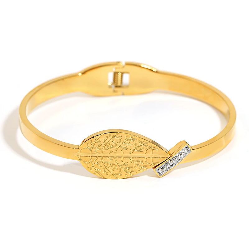 18K Plated Leaf Bangles for Women Rhinestone Charm Bracelet