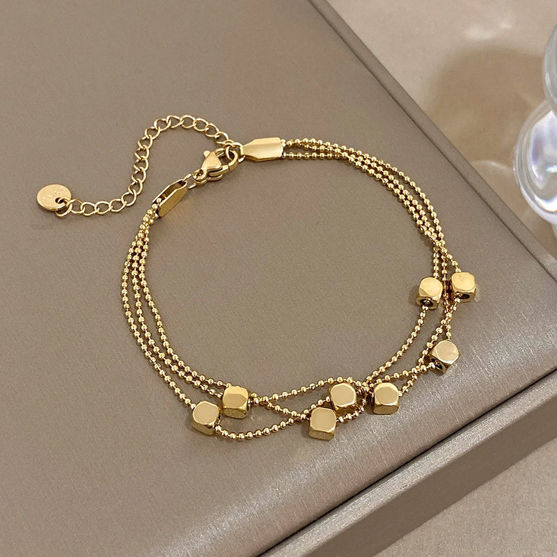 Stainless Steel Cube Bead Bracelet Layered Chain Waterproof