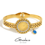 316L Stainless Steel Portrait Coin Bangles Bracelets Evil Eye Charm