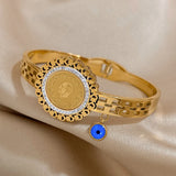 316L Stainless Steel Portrait Coin Bangles Bracelets Evil Eye Charm