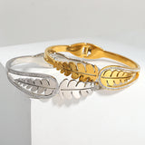 316L Stainless Steel Leaf Chunky Bangle Bracelet for Women with Rhinestone Charm