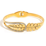316L Stainless Steel Leaf Chunky Bangle Bracelet for Women with Rhinestone Charm