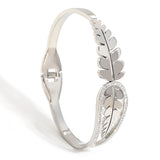 316L Stainless Steel Leaf Chunky Bangle Bracelet for Women with Rhinestone Charm