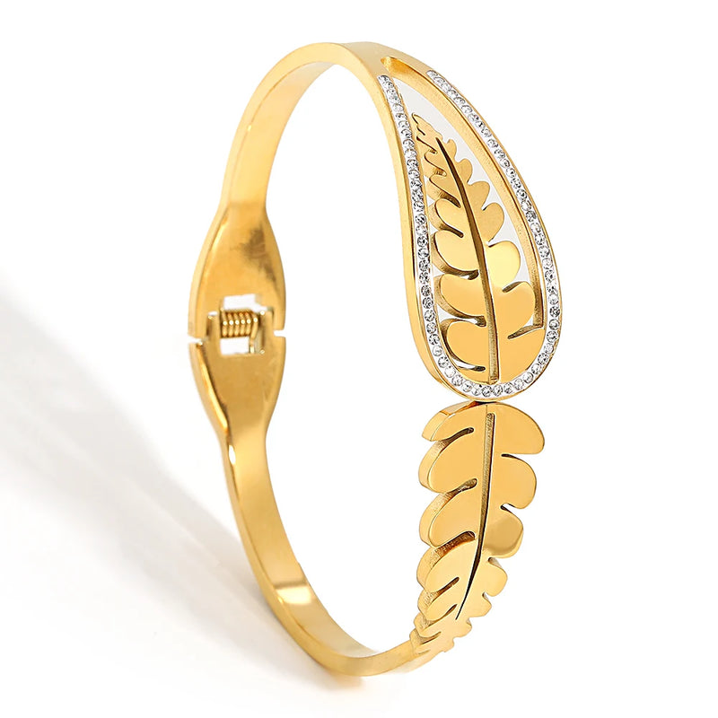 316L Stainless Steel Leaf Chunky Bangle Bracelet for Women with Rhinestone Charm