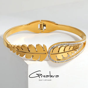 316L Stainless Steel Leaf Chunky Bangle Bracelet for Women with Rhinestone Charm