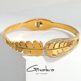 316L Stainless Steel Leaf Chunky Bangle Bracelet for Women with Rhinestone Charm