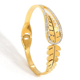 316L Stainless Steel Leaf Chunky Bangle Bracelet for Women with Rhinestone Charm