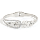 316L Stainless Steel Leaf Chunky Bangle Bracelet for Women with Rhinestone Charm