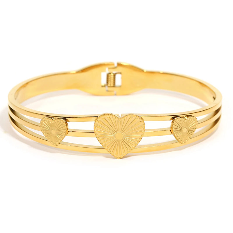 Chunky Stainless Steel Textured Love Heart Charm Bangles Bracelets for Women