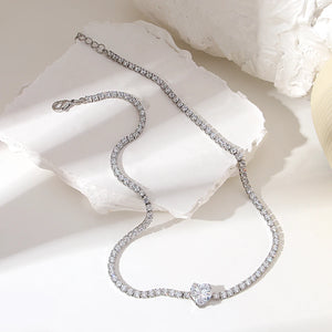 CZ Heart Pendant Tennis Chain Choker Necklace for Women