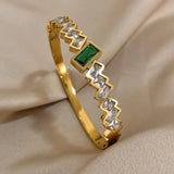 Green CZ Stainless Steel Cuff Bracelet Bangle for Women