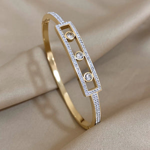 Geometric CZ Charm Stainless Steel Cuff Bracelet Bangle