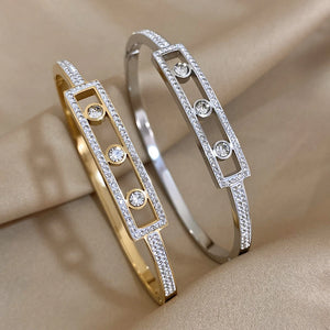 Geometric CZ Charm Stainless Steel Cuff Bracelet Bangle