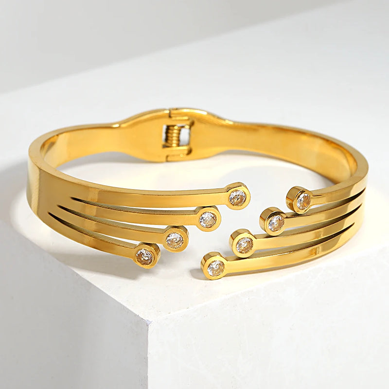 CZ Charm Stainless Steel Cuff Bracelet for Women Plated Chunky Jewelry